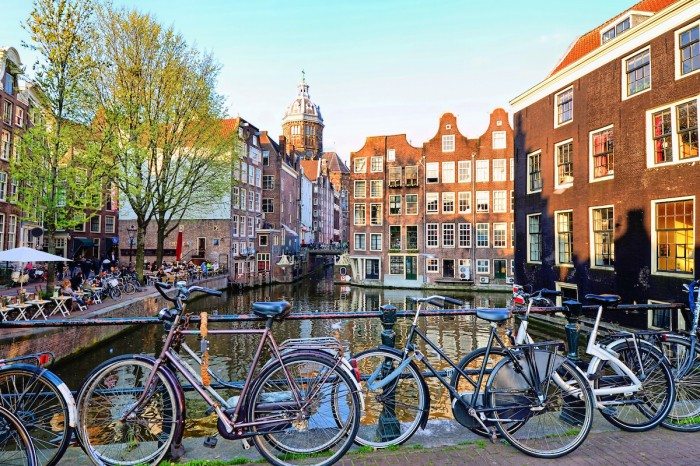 Bicycles along the canals of Amsterdam, Netherlands