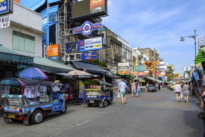Bangkok, Thailand - July 25, 2015: tourists walk along backpacker haven Khao San Road and tuktuk around in Bangkok, Thailand