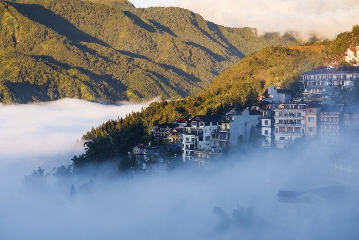 Sapa valley city in the mist in the morning, Vietnam